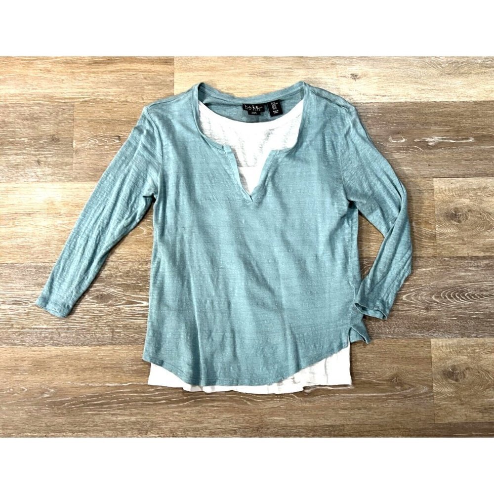 Nicole Miller Sz XS 100% Linen Burnout Blue White Layered Top